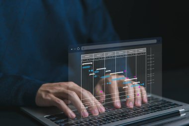 İş adamı güncellemesi ve iş akışı, program yönetimi Gantt 'ın zaman çizelgesini internette gösteriyor. konsept yönetim kilometre taşları, proje planlama yazılımı, atama personeli