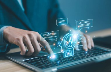 Chatbot bilgi komutunu oluşturur. konsept bot yapay zekası müşteriler için açıktır, AI sohbet dijital teknoloji, iş iletişimi, akıllı robot konuşmalarının geliştirilmesi