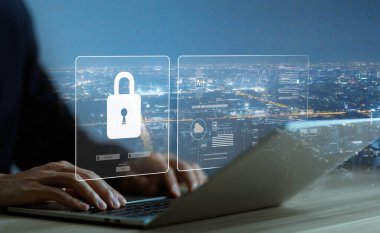 Kilit işareti siber güvenlik interneti. Konsept saldırıları bir hackerdan, suçtan ve virüslerden korur. Bilgi teknolojisi dijital, güvenli veri. Çevrimiçi bir sistemde parola güvenliği ve gizlilik