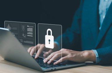 Kilit işareti, siber güvenlik interneti. Konsept saldırıları bir hackerdan, suçtan ve virüslerden korur. Bilgi teknolojisi dijital, güvenli veri. Çevrimiçi bir sistemde parola güvenliği ve gizlilik