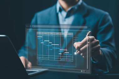 İş adamı program yönetimi Gantt 'ın zaman çizelgesini internette gösteriyor. konsept yönetim kilometre taşları, yazılım proje planlayıcısı, iş güncellemesi ve iş akışı, atama personeli