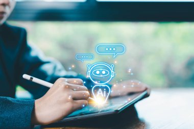 AI sohbet iş iletişimi geliştirme. Sohbet robotu dijital teknolojisi bilgi komutu komut iletisini üretir, akıllı robot sohbeti. Robot yapay zeka kavramı müşteriler için açık.