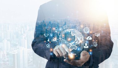 Çifte maruziyet. İş adamı küresel bir internet bağlantısı kullanıyor. Büyük veri dijital bağlantı teknolojisi konsepti, dijital pazarlama, finans, internet bankacılığı, iş teknolojisi uluslararası pazar.