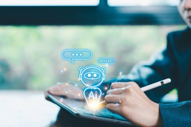 AI sohbet iş iletişimi geliştirme. Sohbet robotu dijital teknolojisi bilgi komutu komut iletisini üretir, akıllı robot sohbeti. Robot yapay zeka kavramı müşteriler için açık.