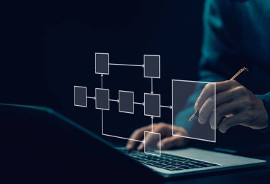 Bilgisayar kullanan işadamı diyagram algoritma akışı gösteriyor iş süreci organizasyonu, hiyerarşi şeması. Akış çizelgeleriyle birlikte iş akışı otomasyonu tasarla. model yapısı dijital ve veri yönetimi