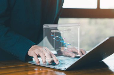 Planlama yönetimi iş güncellemesi. Proje planlayıcısı yazılım iş akışı. Teknolojide Gantt çizelgesinde kilometre taşlarını güncellemek ve yönetmek. atama personeli