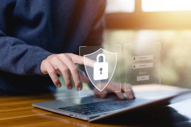 Güvenli veriler, siber güvenlik interneti. Kilit işareti saldırıları bir hackerdan korur. Çevrimiçi bir sistemde şifre güvenliği ve gizlilik kavramı, bilgi teknolojisi dijital, virüsler siber ve suç