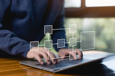 Bilgisayar algoritma akışını, organizasyonu ve hiyerarşi şemasını gösteriyor. Akış çizelgeleriyle birlikte iş akışı otomasyonu tasarla. model yapısı dijital ve veri yönetimi ve iş süreci