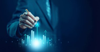 Büyüme işi konsepti. Grafik grafiği borsa ekonomisi, plan stratejisi şirketleri kazancı küresel başarıya yükseltiyor. trend pazarlama teknolojiyi dijital olarak büyütür. Ekonomi, finans ve yatırım