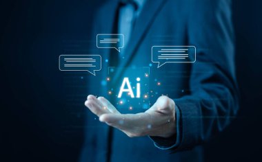 Yapay zeka, iş iletişimi, sohbet robotu dijital teknolojisinin geliştirilmesi. komut konsepti hızlı bilgi, akıllı robot sohbeti, robot yapay zekası sohbet müşterileri için açık