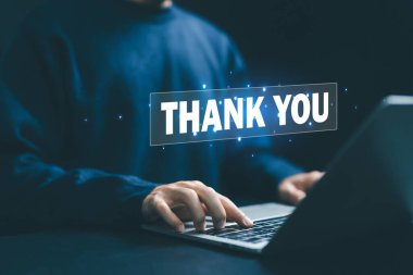 Mesaj. Ekrandan teşekkür ederim. Teşekkür iş konsepti, takdir ve minnettarlık, tebrikler, teknoloji dijital sunumu