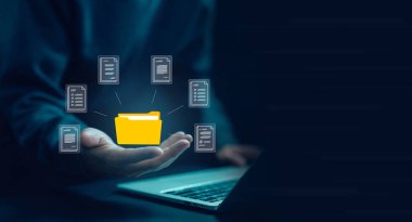 Bir dizüstü bilgisayardaki belge verilerini yönetir. Belge dosyaları konsepti dijital elektronik, iş kağıtsız. ERP, girişim kaynak planlama sistemi. Veritabanında kaydedilen yönetim yazılımı