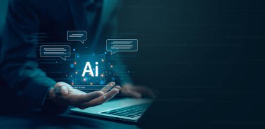 Yapay zeka, iş iletişimi, sohbet robotu dijital teknolojisinin geliştirilmesi. komut konsepti hızlı bilgi, akıllı robot sohbeti, robot yapay zekası sohbet müşterileri için açık