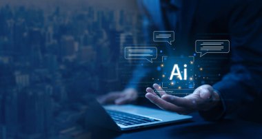 Yapay zeka, iş iletişimi, sohbet robotu dijital teknolojisinin geliştirilmesi. komut konsepti hızlı bilgi, akıllı robot sohbeti, robot yapay zekası sohbet müşterileri için açık