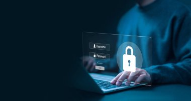Kilit işaretli siber güvenlik teknolojisi dijital. İnternet konseptinde siber güvenlik, çevrimiçi bilgi sisteminde şifre gizlilik. Saldırıları bir hackerdan, güvenli verileri suçtan ve virüs siberinden korumak.