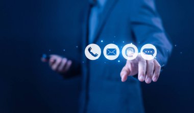 Bir konsept için bizimle irtibata geç. el gösterimi simgesi (adres, telefon, e-posta, cep telefonu, arama) müşteri desteği. Posta sitelerinden yardım iş irtibat hizmetinin dijital teknolojisi