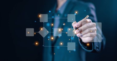 Bir bilgisayar dizüstü bilgisayarında iş süreçleri ve algoritma şeması akışı. hiyerarşi şeması, veri yönetimi organizasyonu. Model çalışma yapısı dijital kavramı, akış çizelgeleriyle tasarım iş akışı otomasyonu