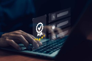 Kalite kontrol sertifikası, ISO standart endüstrisi. Premium servis sigortası konsepti, yüksek kaliteli ürün. Yönetim sistemi teknoloji sektörü ve en iyi garanti