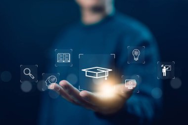 Elle öğrenme simgesi, çevrimiçi eğitim. Dijital eğitim platformu kavramı, ders vermek. Müfredat öğrenimi online, iş teknolojisi. Webinar 'dan bir çalışma, İnovasyon E-öğrenme