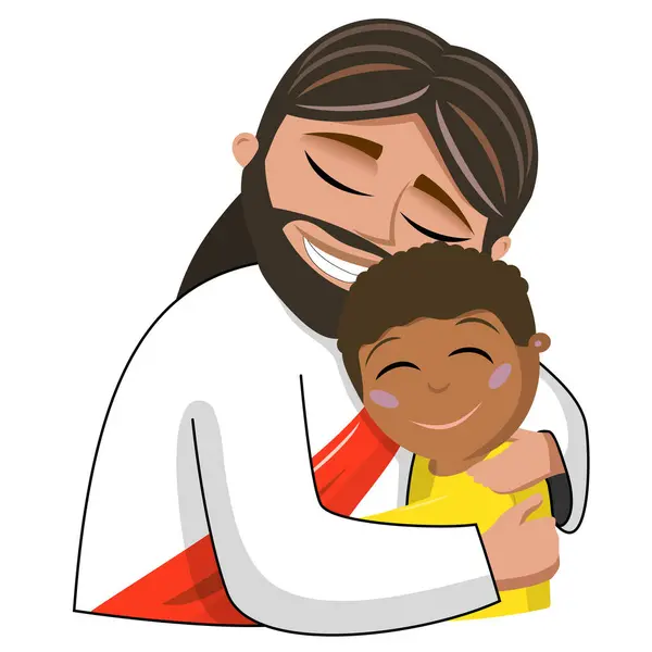 耶稣卡通片拥抱了一个小孩或小孩孤立的病媒图解 爱基督教的概念 — 图库矢量图片#