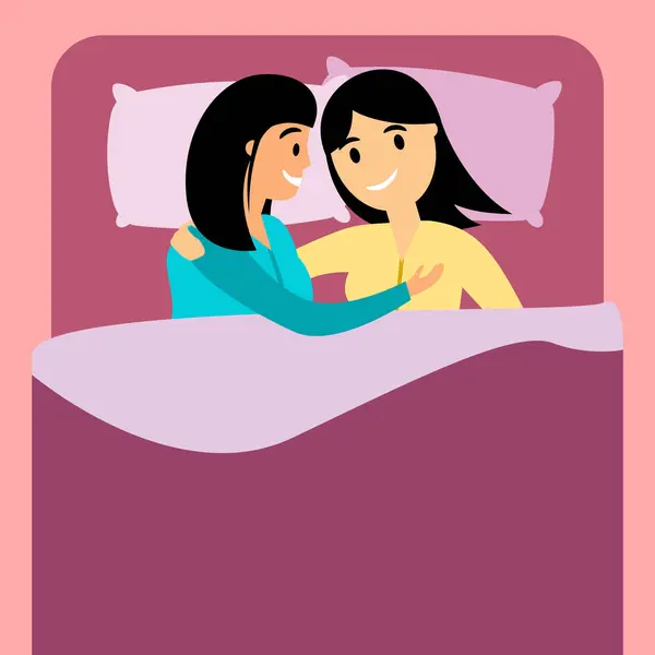女性のレズビアンカップルは寝室で寝ています 女性はベッドで休んでいる間に抱きしめます フラットベクトルイラスト 同性愛 同じ性関係のコンセプト — ストックベクタ