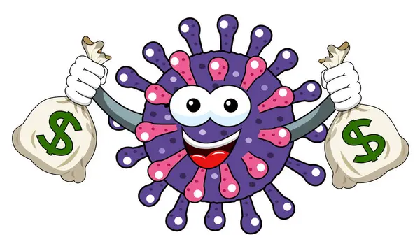 Maskot Kartun Virus Karakter Atau Bakteri Memegang Karung Uang Ilustrasi - Stok Vektor