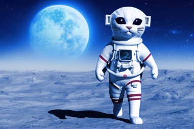 Astronot üniforması giyen uzaylı kedi bir gezegenin kayalık yüzeyinde yürüyor.