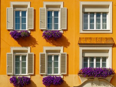 Pencereleri ve çiçekleri açık sarı bina cephesi