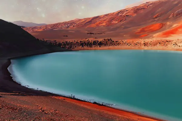 Marte Planeta Superfície Com Lago Água Nenhuma Imagem Real — Fotografia de Stock