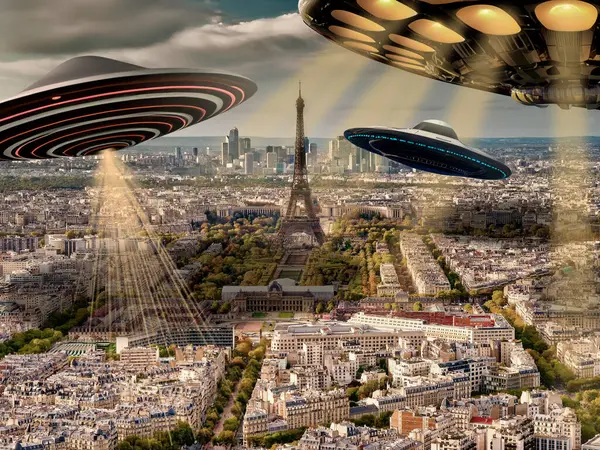 Ufo or alien spaceships flying over Paris and over Eiffel Tower Panoramic aerial view of Paris,