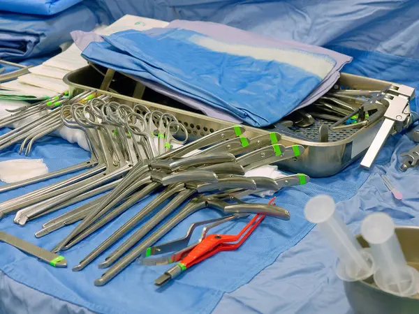 Surgery surgical tools on surgery room table closeup