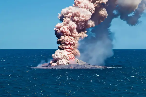 海での火山噴火 海水から出る爆発と蒸気 — ストック写真