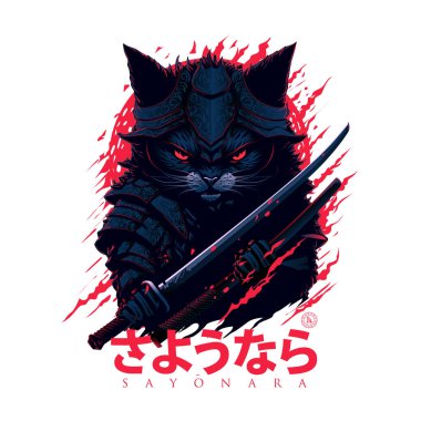Katana posterli kedi samuray, sayonara, tatlı ve vahşi.