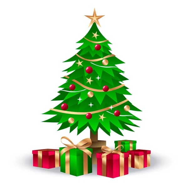 Beyaz arka planda hediyeler olan Noel ağacı. vektör çizici
