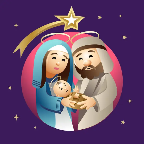 Kutsal aile, Jose, Mary ve bebek İsa 'nın doğum sahnesi. Vektör illüstrasyonu.