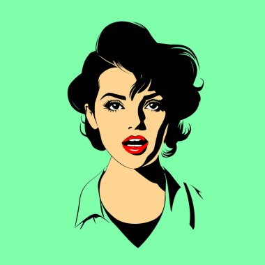 Eski moda pop sanatları tarzında sürpriz bir poster kızı. El çizimi vektör illüstrasyonu.