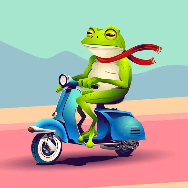 Mavi scooterlı bir kurbağa. Vektör çizimi. Komik şirin çizgi film.