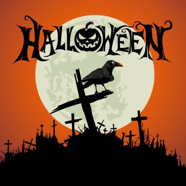 Cadılar Bayramı Hayaletli Mezarlığı Çizimi. Dolunay arkaplanlı balkabaklı karga.