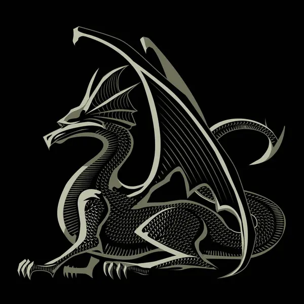Siyah arka planda şekillendirilmiş bir ejderha. Heraldik tarzda. Arma arması, ortaçağ mitolojik Griffin. hydra. Düz renk. vektör