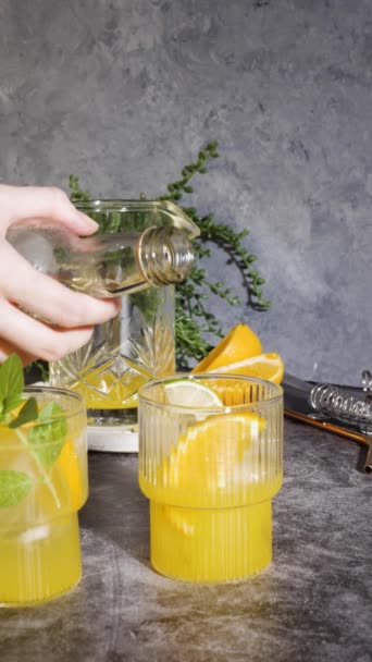 Lemonad Eller Mojito Cocktail Med Frukt Och Basilika Citron Och — Stockvideo