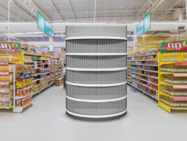 Süper market ürünü gondol kapak kapağı raf 3D İllüstrasyon