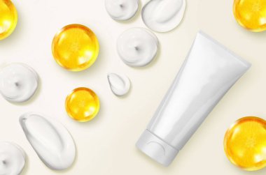 C vitamini, E kremi ve yüz yıkama lekesini tüple temizleyin. Yüz temizleme, yıkama, serum, duş jeli ya da sıvı sabun damlaları.