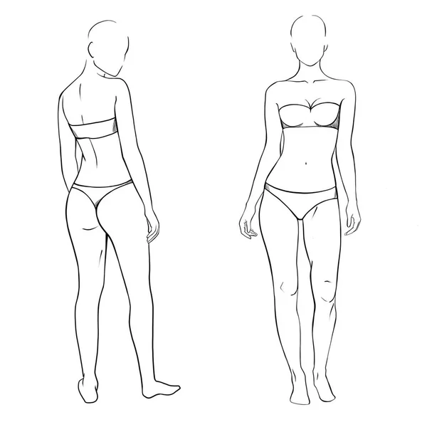 在白色背景上的两个女性轮廓 前视镜后视镜泳衣中女性身体的轮廓 线性设计简约主义 — 图库照片