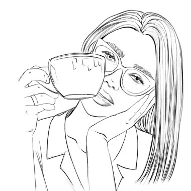 Siyah beyaz gözlüklü, elinde bardakla çizim yapan bir kız.