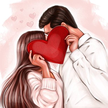Aşık bir çift, kalp şeklinde bir kartın arkasında romantik bir geçmişle öpüşüyor.