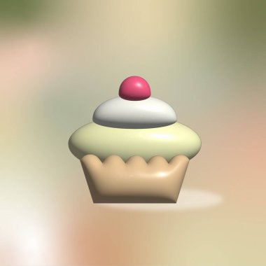 Üfleme efektli üç boyutlu illüstrasyon. Tatlı teması, kek imajı, pasta, ikramlar. Parlak renkler, neşeli ruh hali..