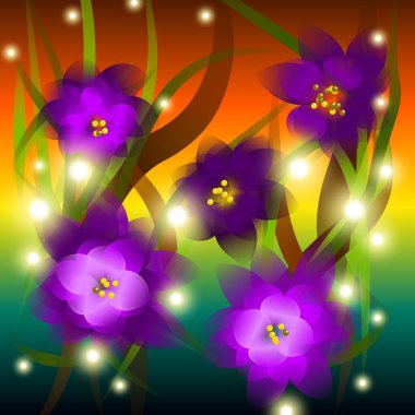 Çiçek çizimi. Fantastik manzara, parlak sihirli renkler. Göz alıcı bir görüntü. Hayali gerçeklik.