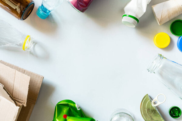 recycling concept - recycling materials on rustic background. High quality photo