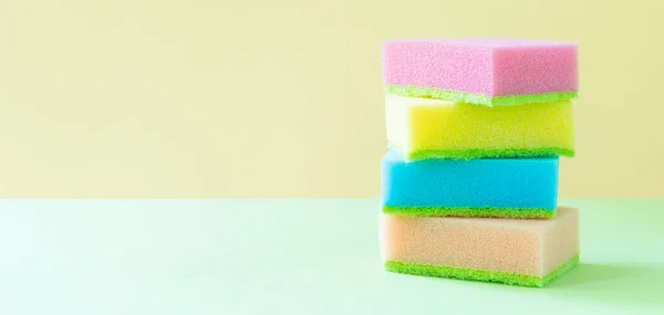 Cleaning Concept Colorful Dishwashing Sponges Bright Background Copy Space — Fotografie, imagine de stoc