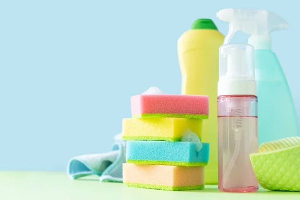 Cleaning Concept Cleaning Supplies Pastel Yellow Background Copy Space — Stock Photo, Image